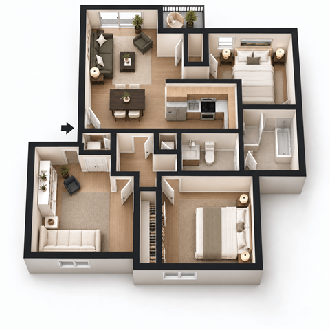 Floor plan for 3 beds, 2 baths, 1100 sqft